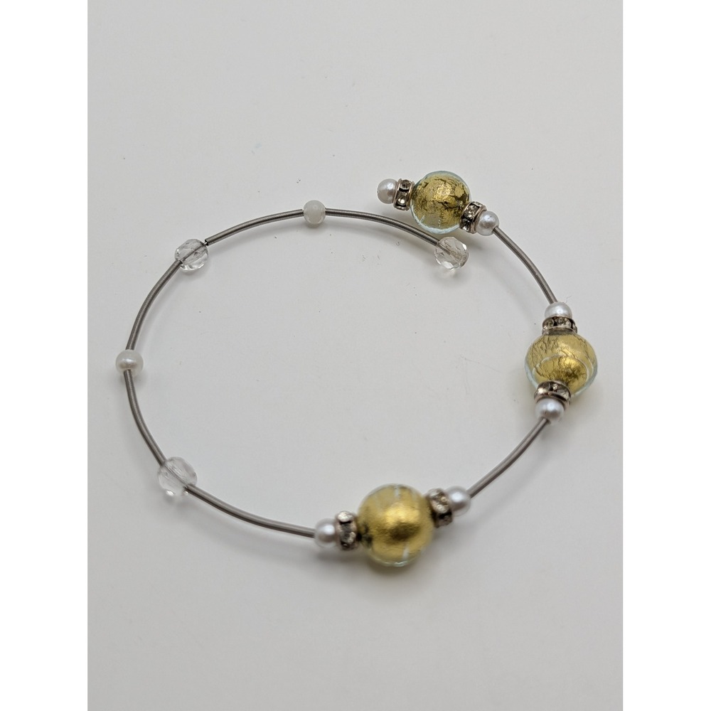 Gold Foil Glass Bead Bypass Wrap Bracelet Silver Tone Coil Rhinestone Faux Pearl